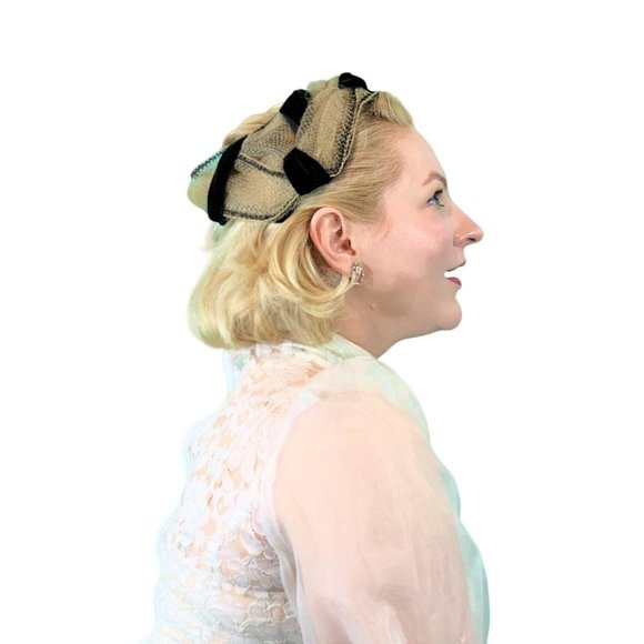 Vintage 1950s Swirl Round Cap Hat-Nip by Danciger Black & Beige Hat - Picture 5 of 6